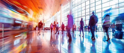 Wide angle view of attendees moving through a large congress center, showing busy professional flow, event networking, corporate mobility and modern business environment.