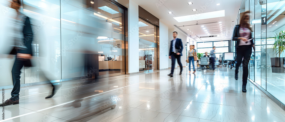 Fototapeta premium Wide angle shot of people moving inside an insurance office, showing client activity, service workflow and modern corporate interior during a typical business day.