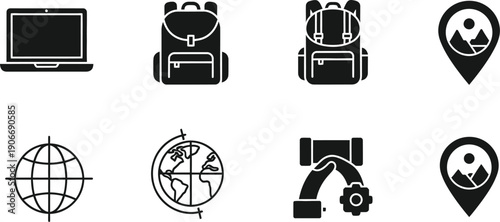 Travel and Adventure Icons: Laptop, Backpack, Globe
