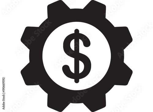 Gear dollar icon with currency symbol in center, black silhouette settings and finance sign, minimal flat vector style for business, pricing, economy, and costs
