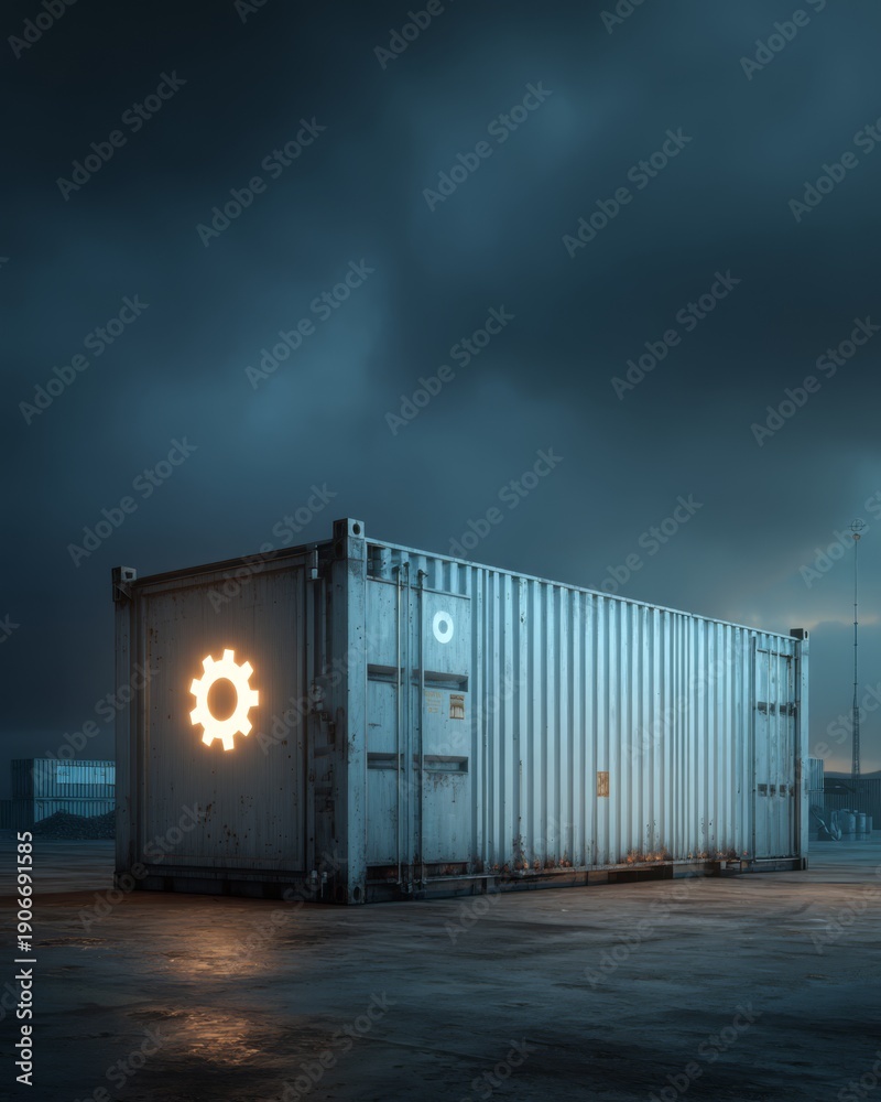 Fototapeta premium Large industrial shipping container at night, isolated, with a gear icon