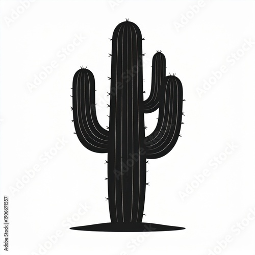 Tall Saguaro Cactus Silhouette with Detailed Spines on a Plain White Background with Subtle Shadows and Textured Appearance