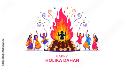 Traditional Holika Dahan celebration vector illustration showing people dancing around sacred fire symbolizing victory of good over evil during Indian Hindu festival night