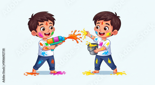 Playful Holi vector illustration showing happy Indian kids enjoying colorful water splash game with paint during spring festival celebration for creative design use