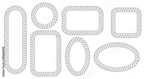 Set rope elements of different forms, circle, capsule, oval flat vector, rope brush element. Different vintage rope stroke element with loops