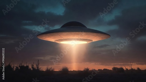 Mysterious ufo hovering over desert at dawn with bright beam of light.