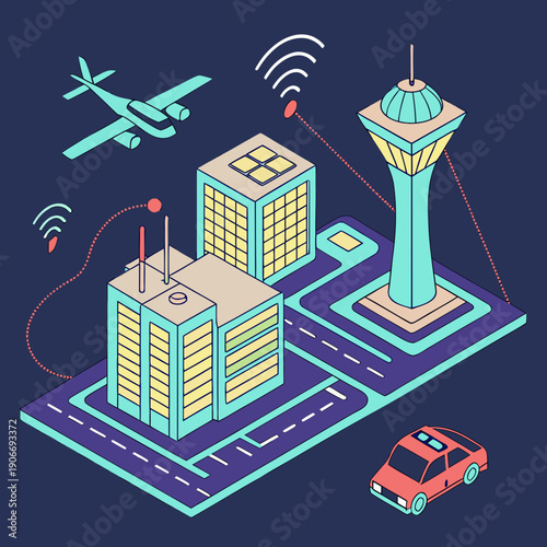 Isometric smart city ecosystem with air taxis, solar towers, autonomous drones, neon lights — vector infographic style