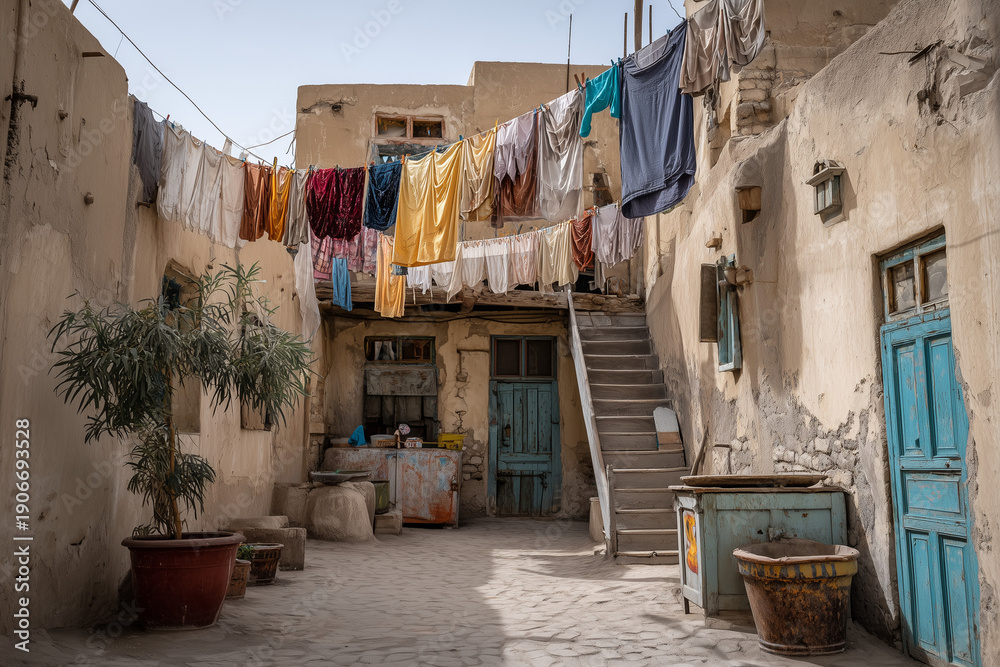 Fototapeta premium Colorful laundry hanging across a sunlit old courtyard with textured walls. Authentic travel photography capturing everyday life and cultural atmosphere, ideal for tourism and storytelling themes