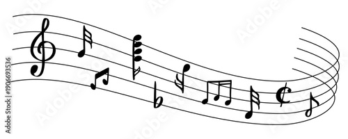 Music notes wave. Musical sound wavy flow with musical staff and treble clef, melody abstract symbol. Audio rhythm harmony composition graphic. Vector isolated clipart.