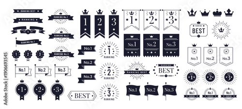 Ranking vector badges. Success achievement, winner and best quality, number one banner. Prize reward first place labels, award rank graduation and laurel wreath for game. Ranking ribbons with star.