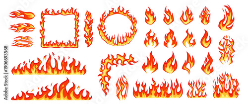 Cartoon fire burning flame. Hot bonfire element, heat game effect. Red comic wildfire border, inferno elements, hell fireball. Danger and energy symbol, torch blaze. Combustion, angry mood vector set.