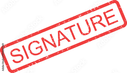 A vibrant red grunge rubber stamp featuring the word SIGNATURE on a clean white backdrop