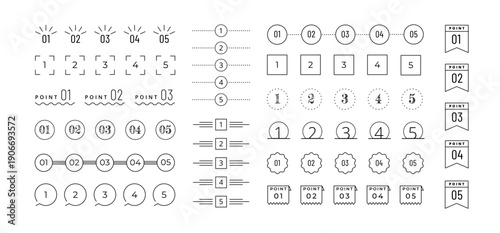 Number bullet point. Infographic step, process marker, progress list doodle label. Business presentation, user interface. Title text frame, ribbon and arrow. Box bullets, chronology vector icon.