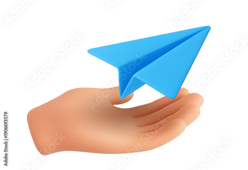 3d hand and flying paper plane. Sending message, email communication and delivery, launch idea. Business startup, innovation and travel, blue origami airplane vector isolated concept.