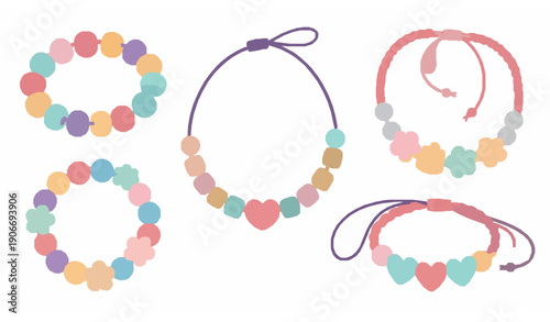 90s style kids plastic bead jewelry flat vector illustration set