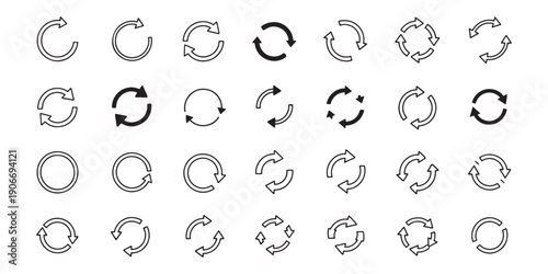 Vector set of refresh and recycle icons, collection of circular arrow silhouettes for loading, reset and repeat status in UI design