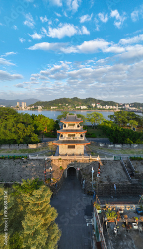 Night aerial photography of Guangji Building in Chaozhou Ancient City, Chaozhou City, Guangdong Province