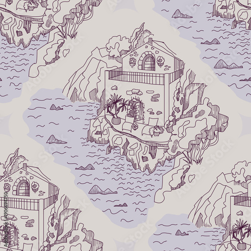 Seamless fantasy island pattern with hand drawn landscapes conveying adventure travel vacation and summer atmosphere for wallpapers textiles books games and decorative design