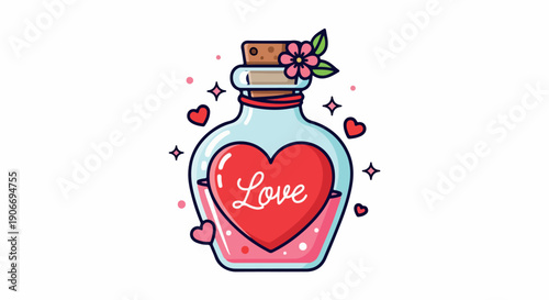 Digital illustration of a glass bottle with a red heart and 'Love' text surrounded by hearts and flowers on a white background with a whimsical style and pastel color palette.