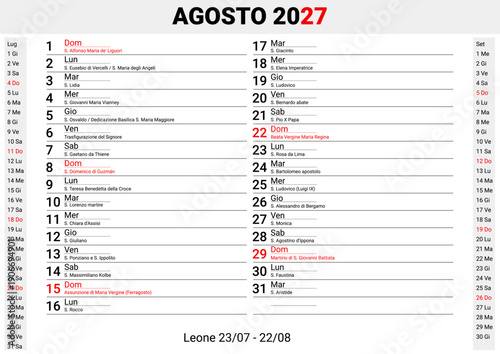 August 2027 Italian Saints Calendar with Ferragosto Holiday, Leo and Virgo Zodiac Signs, Elegant Monthly Planner Template