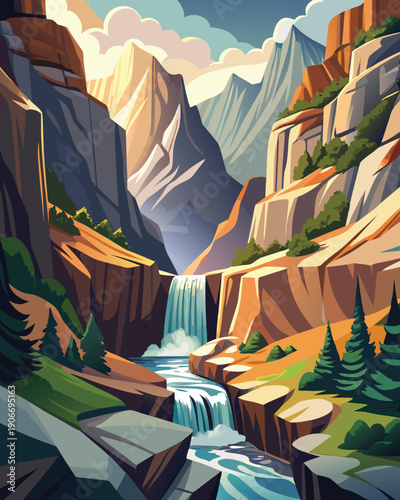 Wimbachklamm Gorge Waterfall Vector – Bavarian Alpine Landscape