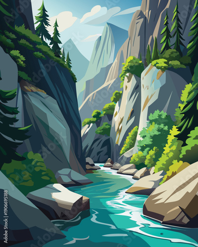 Bavarian Gorge in Summer – Fresh Alpine Waterfall Illustration