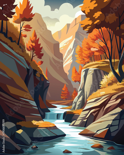Autumn Wimbachklamm Gorge Waterfall Vector – Bavarian Landscape