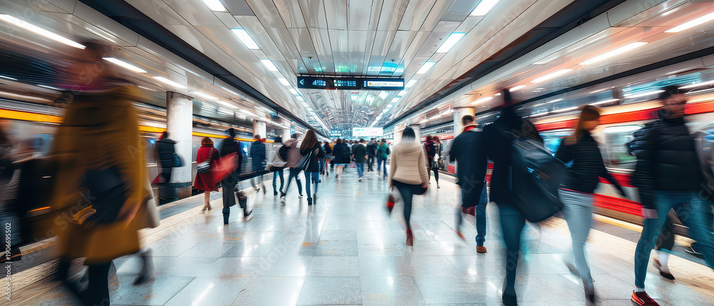 Fototapeta premium Wide angle shot of people walking through a modern subway station with motion blur, tiled walls and bright lighting, illustrating fast urban transit, commuting flow and everyday city movement.