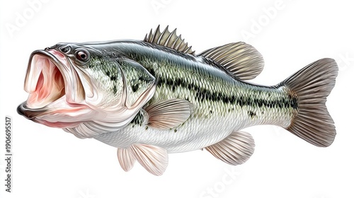 Large mouth bass fish with open mouth, detailed illustration on white background