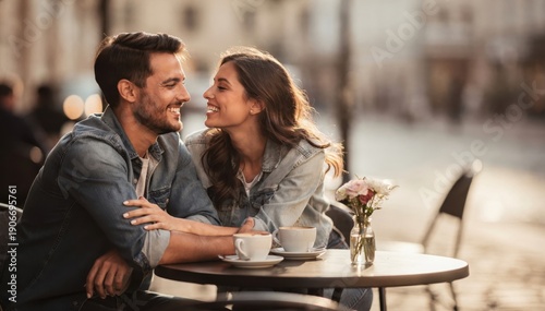 Happy Couple Enjoying Coffee at Outdoor Cafe on Sunny Day