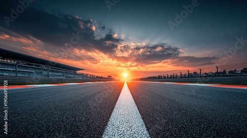 Race track asphalt perspective at sunset with dramatic clouds and sun rays