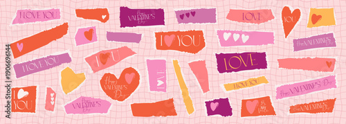 Valentine's day torn paper collage with hearts. Vector ripped edge retro love quote stickers. Funky groovy love collage banner. Grungy red and pink cutout hearts, sticky notes and washy tape elements