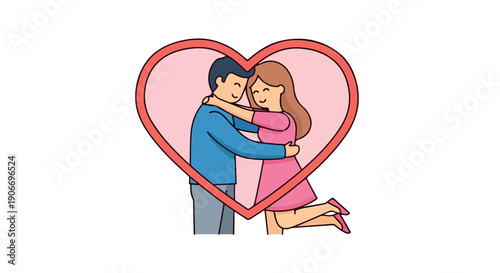 Illustration of a romantic couple embracing inside a large red heart on a pink background.