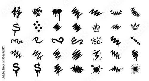 Black grunge graffiti icons set, including dollar signs, crowns, and abstract shapes, for design or texture overlay, Isolated on transparent background, png