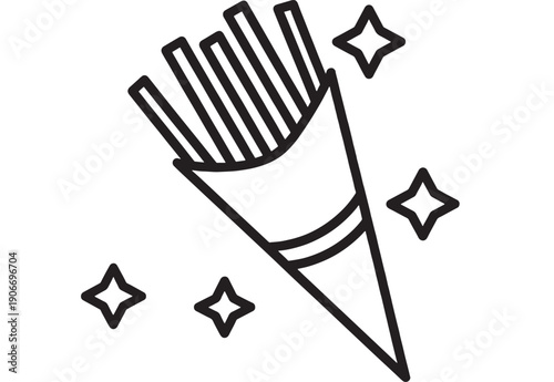 French fries icon in cone with sparkle stars, minimalist black outline line art, fast food snack symbol for restaurant menu, app UI, web button, sticker
