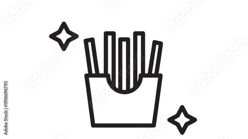 Fries container icon with sparkle stars and black outline, simple vector illustration featuring fast food, snack, graphic with food and junk food elements for restaurant, menu projects, clean