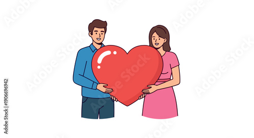 Illustration of a man and woman holding a large red heart on a white background with a simple and affectionate mood.