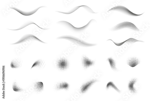 Dotted abstract halftone with wave pattern black dot wavy dynamic swirl. Digital fluid or music flow gradient and motion particles. Data dotted texture, frequency wave effect. Vector isolated set.