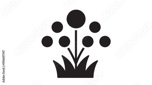 Flower garden icon with round blossom shapes and grass base, minimal black silhouette pictogram isolated on white background for nature, landscaping, and park signage