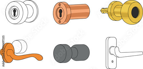 Door Lock and Handle Hardware Vector Set with Cylinders, Knobs, and Lever Handles for Home Security, Interior Design, and Architecture Projects