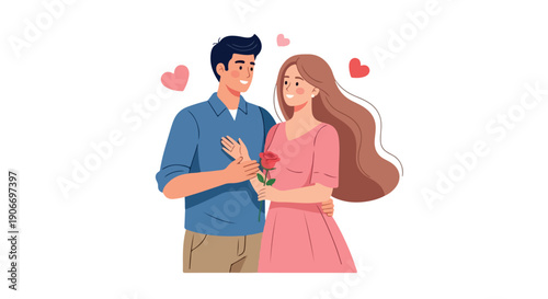 Illustration of a romantic couple embracing, with the man holding a rose, surrounded by floating hearts on a white background.