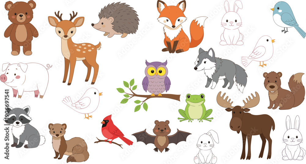 Fototapeta premium Cute Woodland Forest Animals Vector Set with Bear, Deer, Fox, Owl, Rabbit, Moose and Cartoon Wild Creatures Collection