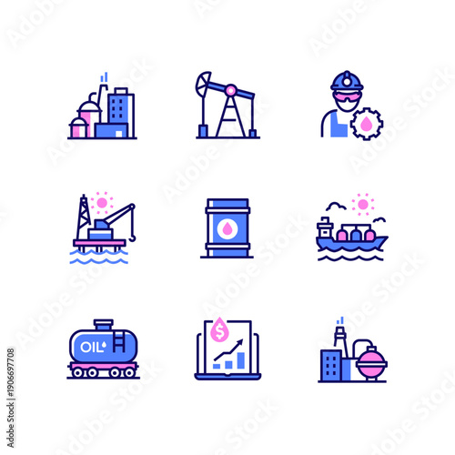Oil industry - line design style icons set