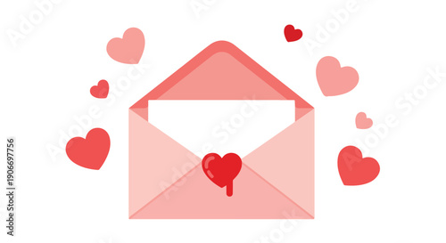 Flat lay illustration of a pink envelope with hearts floating around it on a white background.