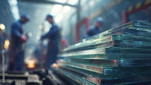 Workers handle glass sheets in a factory during the day while machines operate in the background