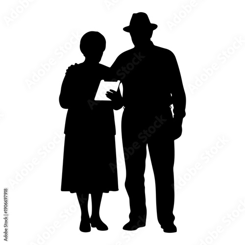 Elderly couple standing together black silhouette isolated