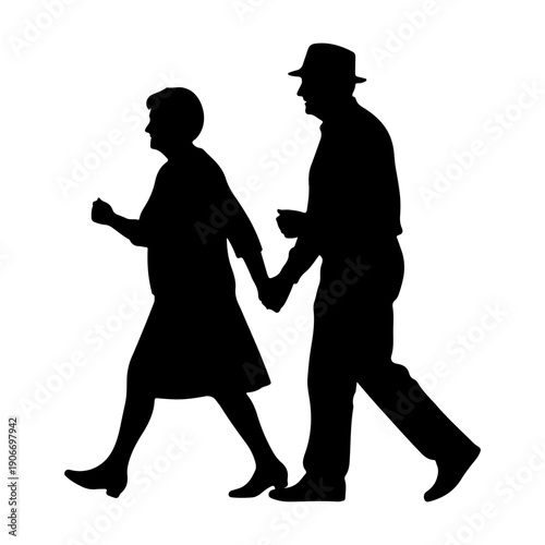 Elderly couple walking together silhouette isolated