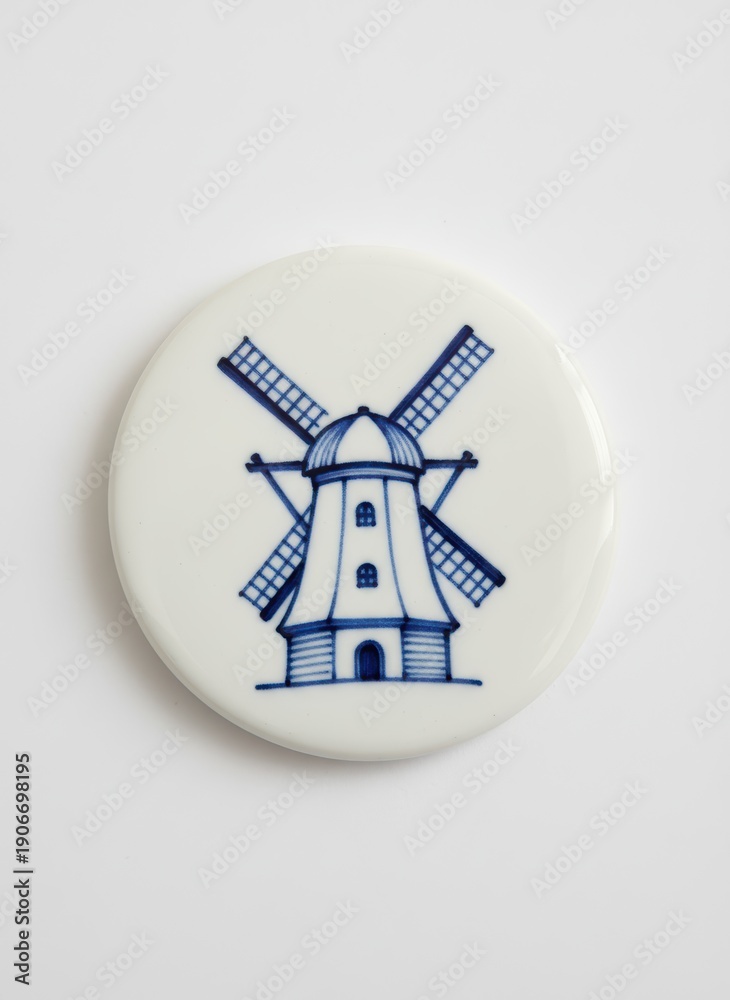 Obraz premium Porcelain plate with blue windmill design on white background