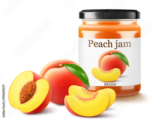 Jar with peach jam isolated on white background. Canned peach in a glass jar with lid and paper label, Realistic 3d vector illustration. Mockup , preserve in packaging.