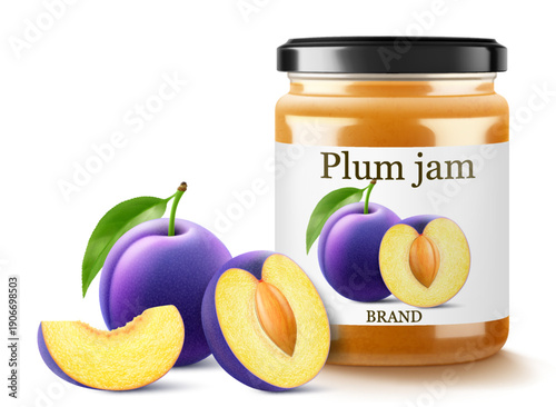 Glass jar with plum jam isolated on white background. Jar of marmalade from juicy blue plums. fresh fruits with leaves. Organic food. Label mockup for jam. Realistic 3d vector illustration